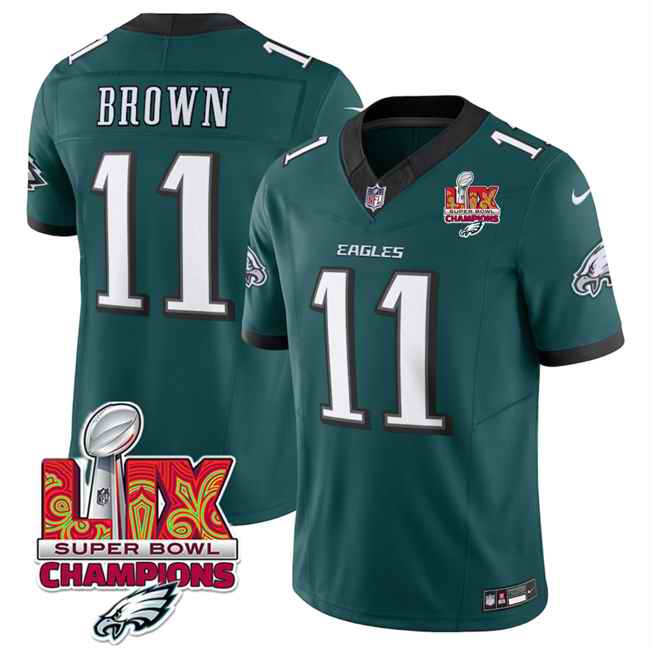 Men's Philadelphia Eagles #11 A.J. Brown Green 2025 Eagles Logo Super Bowl LIX Patch New F.U.S.E. Vapor Untouchable Limited Stitched Football Jersey